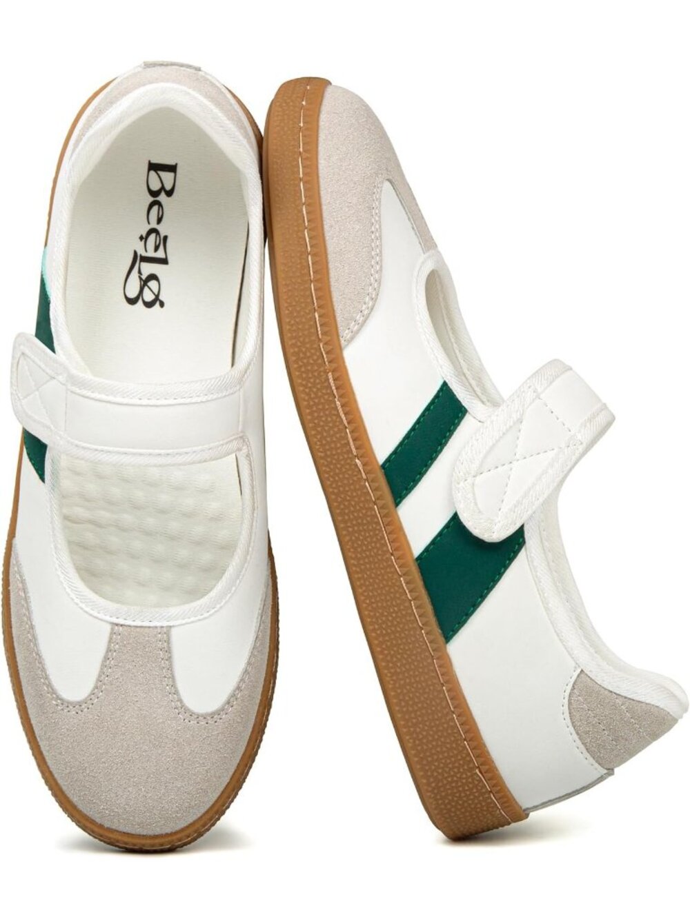 Women's White Green Non Slip Walking Flats Shoes Comfortable Ballet Sneakers